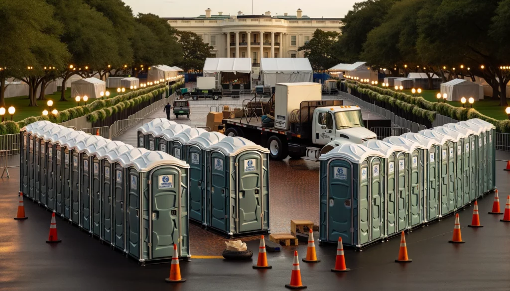 Festival porta potty bank with barricades in Stillwater, Oklahoma